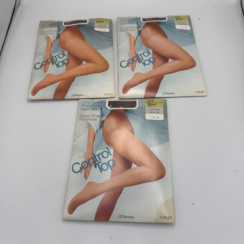 3PK Vintage JCPenney Super Shaper Control Top Pantyhose Taupe 41 Size Short USA